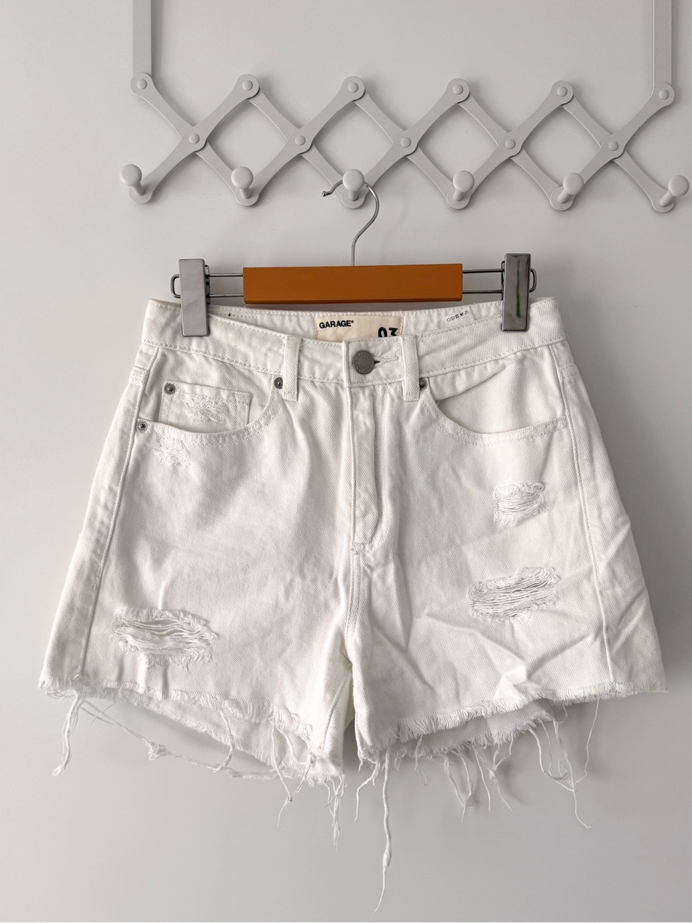 Garage White Distressed Frayed Hem Denim Shorts